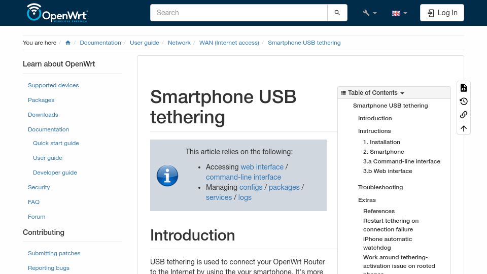 Screenshot of openwrt.org: OpenWrt: Smartphone USB Tethering