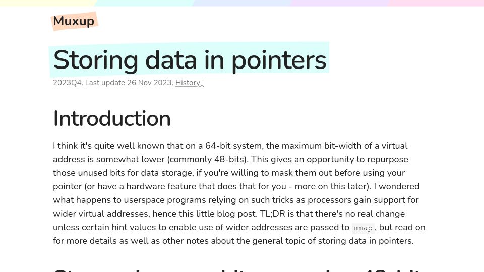 Screenshot of muxup.com: Storing data in pointers