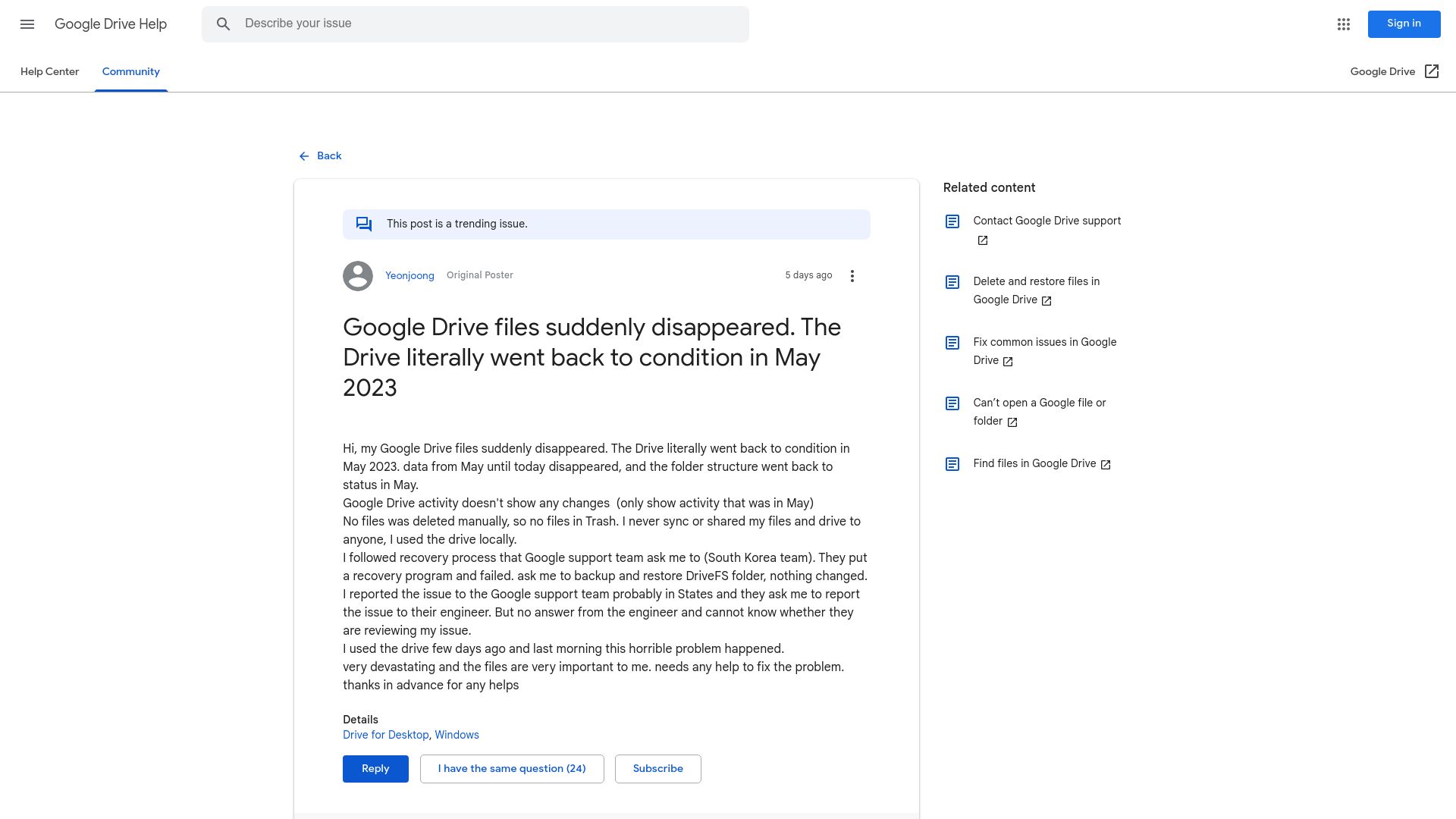 Screenshot of support.google.com: Google Drive files suddenly disappeared