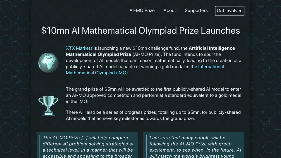 Screenshot of aimoprize.com: $10M AI Mathematical Olympiad Prize