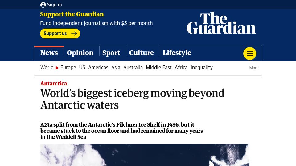 Screenshot of theguardian.com: World’s biggest iceberg moving beyond Antarctic waters