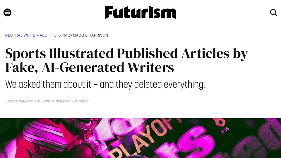 Screenshot of futurism.com: Sports Illustrated Published Articles by Fake, AI-Generated Writers