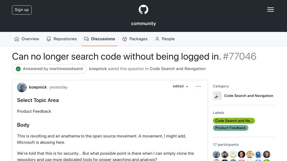 Screenshot of github.com: GitHub: Can no longer search code without being logged in