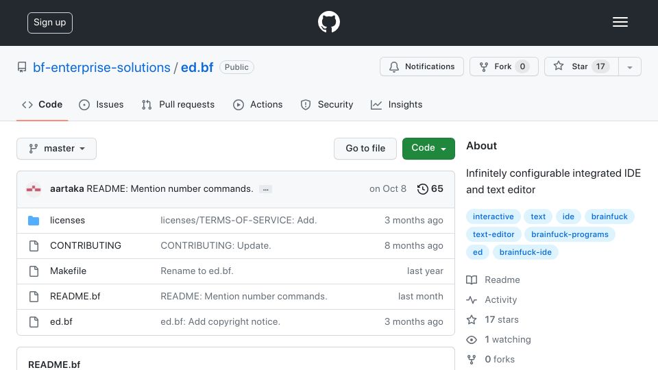 Screenshot of github.com: ed.bf: text editor in Brainfuck