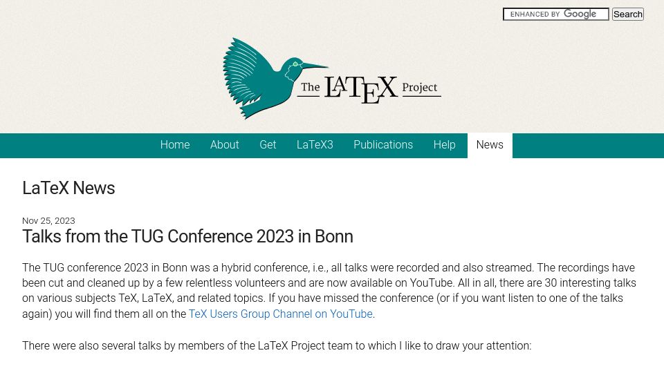 Screenshot of latex-project.org: Talks from the TUG Conference 2023 in Bonn