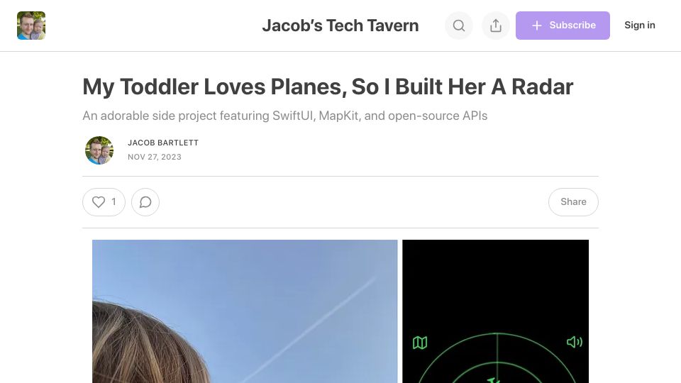 Screenshot of jacobbartlett.substack.com: My toddler loves planes, so I built her a radar
