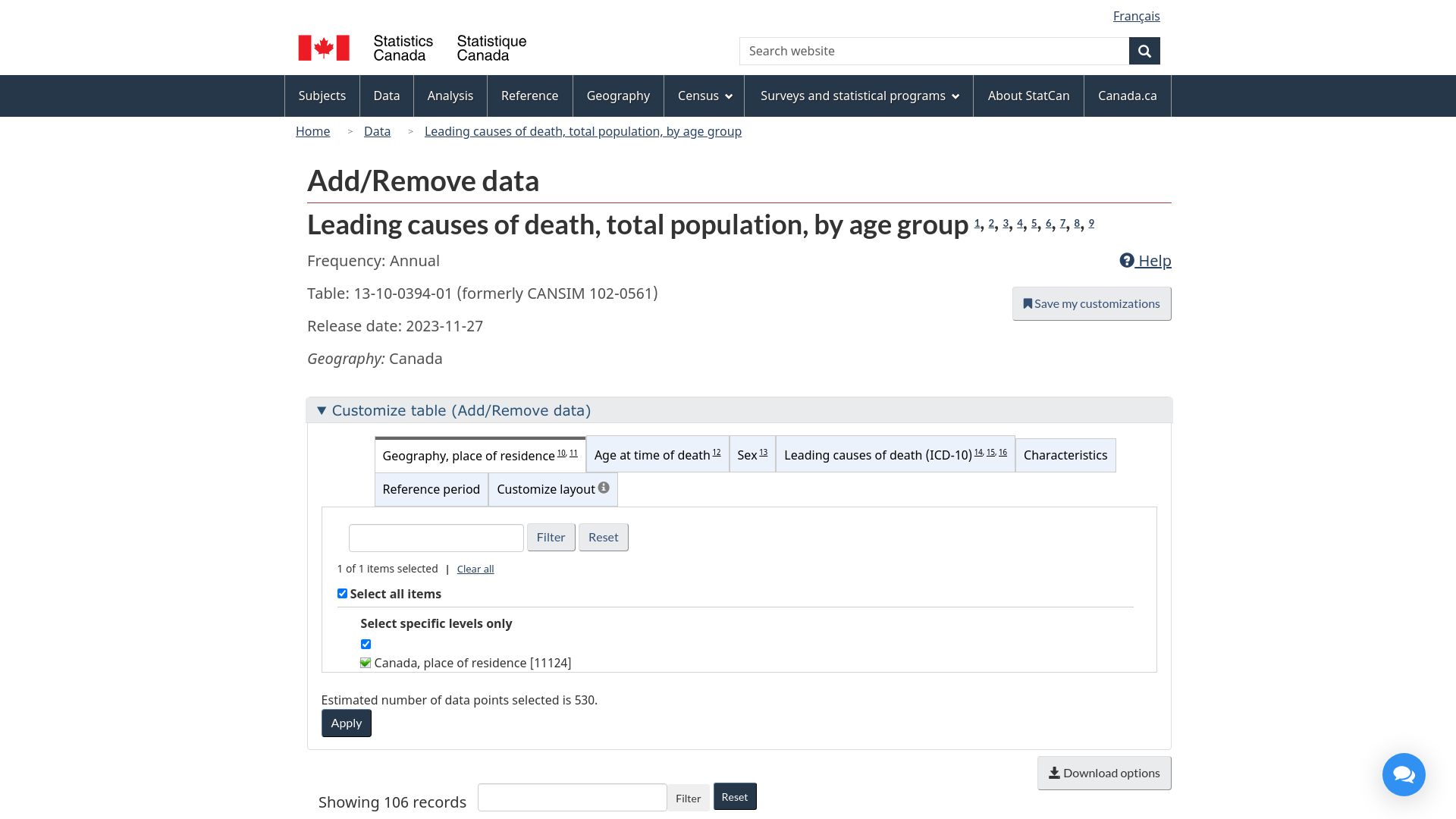 Screenshot of www150.statcan.gc.ca: Covid-19 3rd leading cause of death among Canadians in 2022