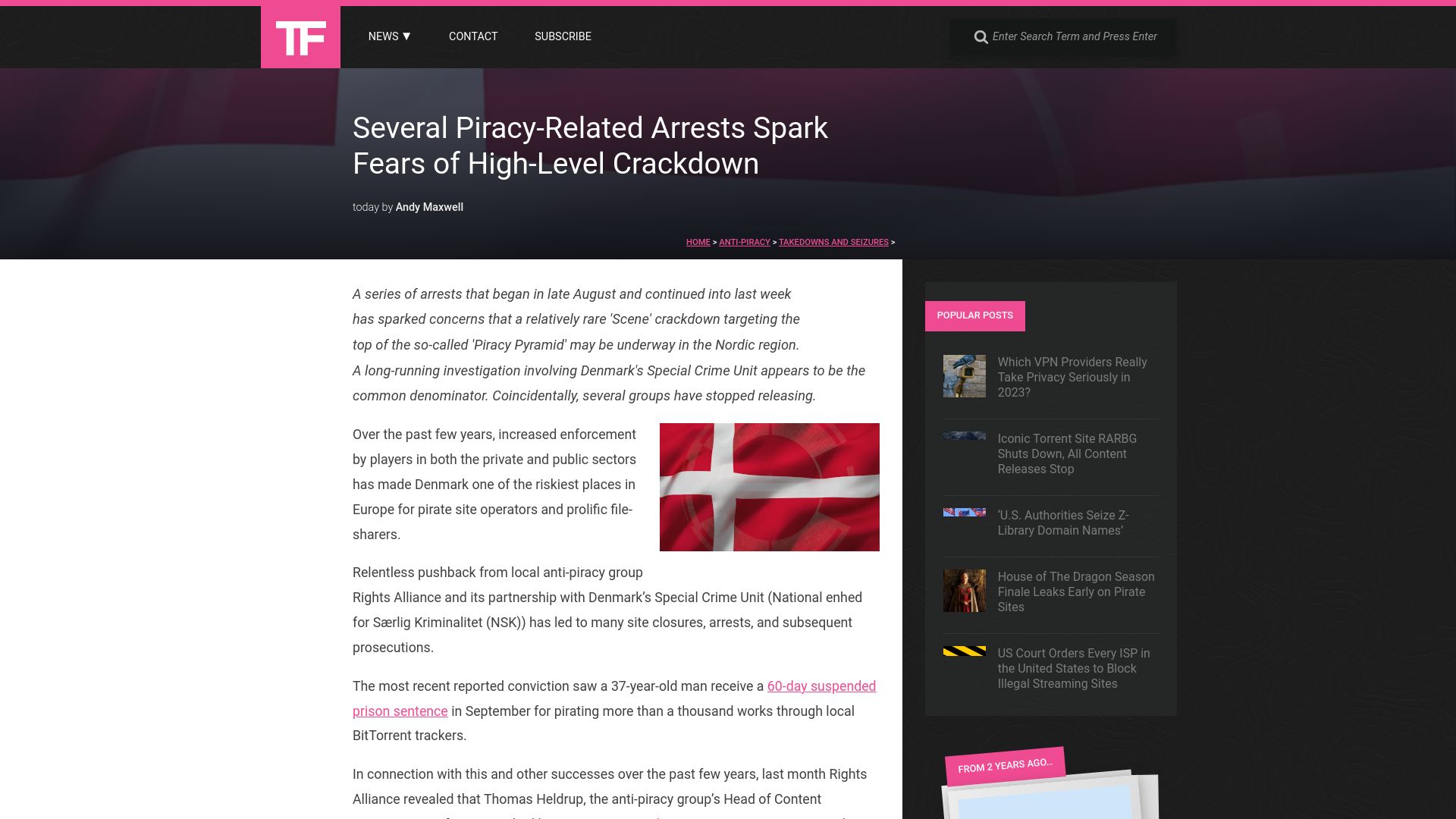 Screenshot of torrentfreak.com: Several piracy-related arrests spark fears of high-level crackdown