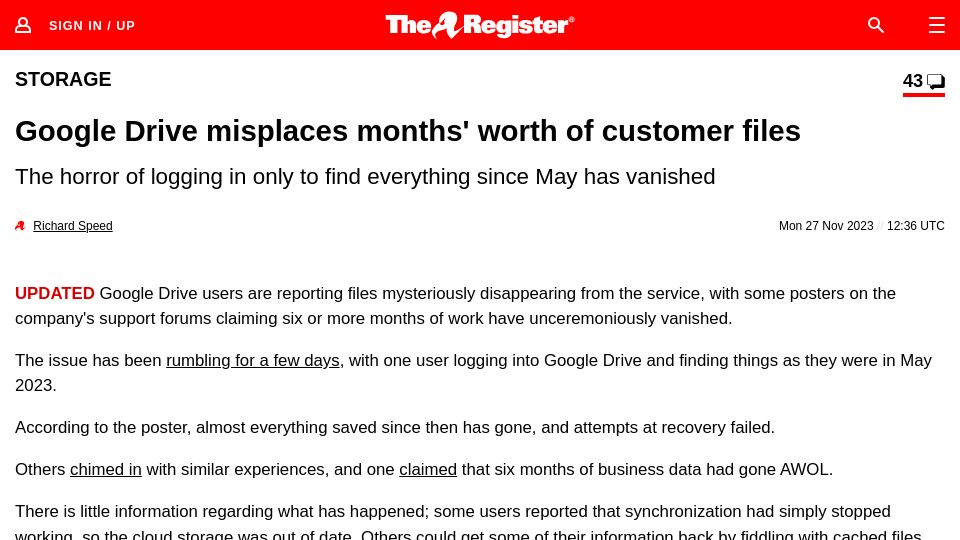 Screenshot of theregister.com: Google Drive misplaces months' worth of customer data