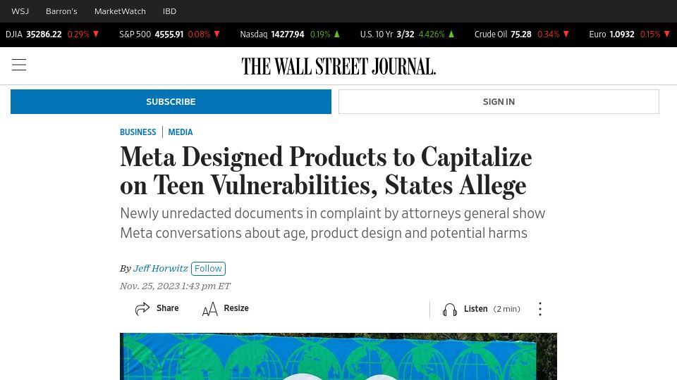 Screenshot of wsj.com: Meta Designed Products to Capitalize on Teen Vulnerabilities, States Allege
