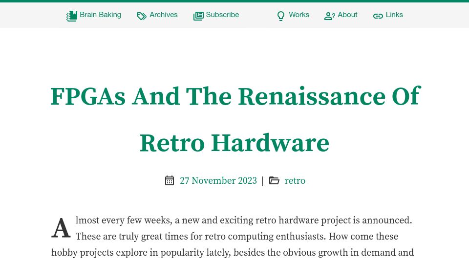 Screenshot of brainbaking.com: FPGAs and the renaissance of retro hardware