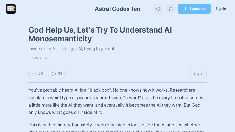 Screenshot of astralcodexten.com: Let's try to understand AI monosemanticity