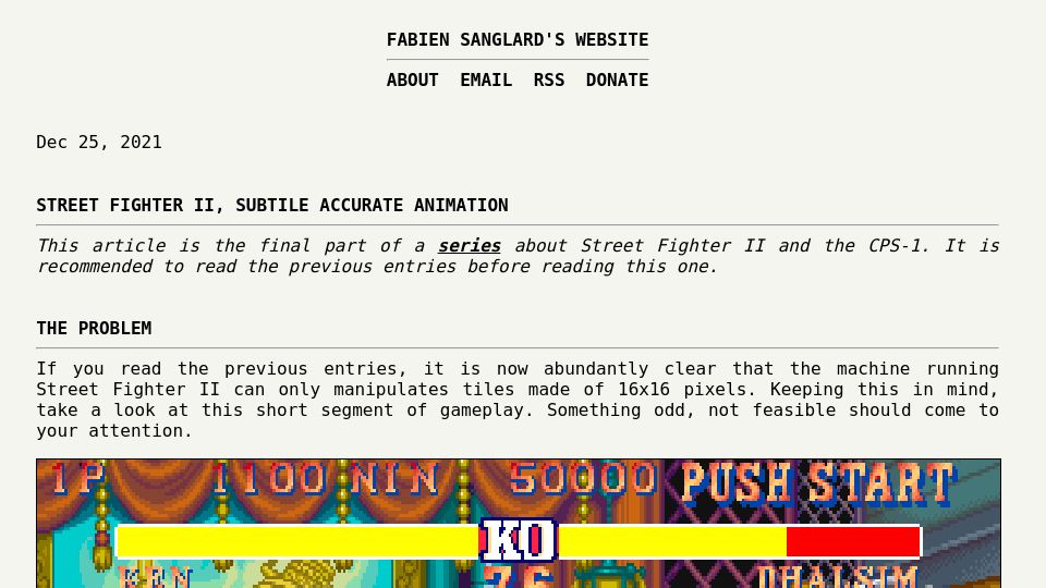 Screenshot of fabiensanglard.net: Street Fighter II, subtile accurate animation (2021)