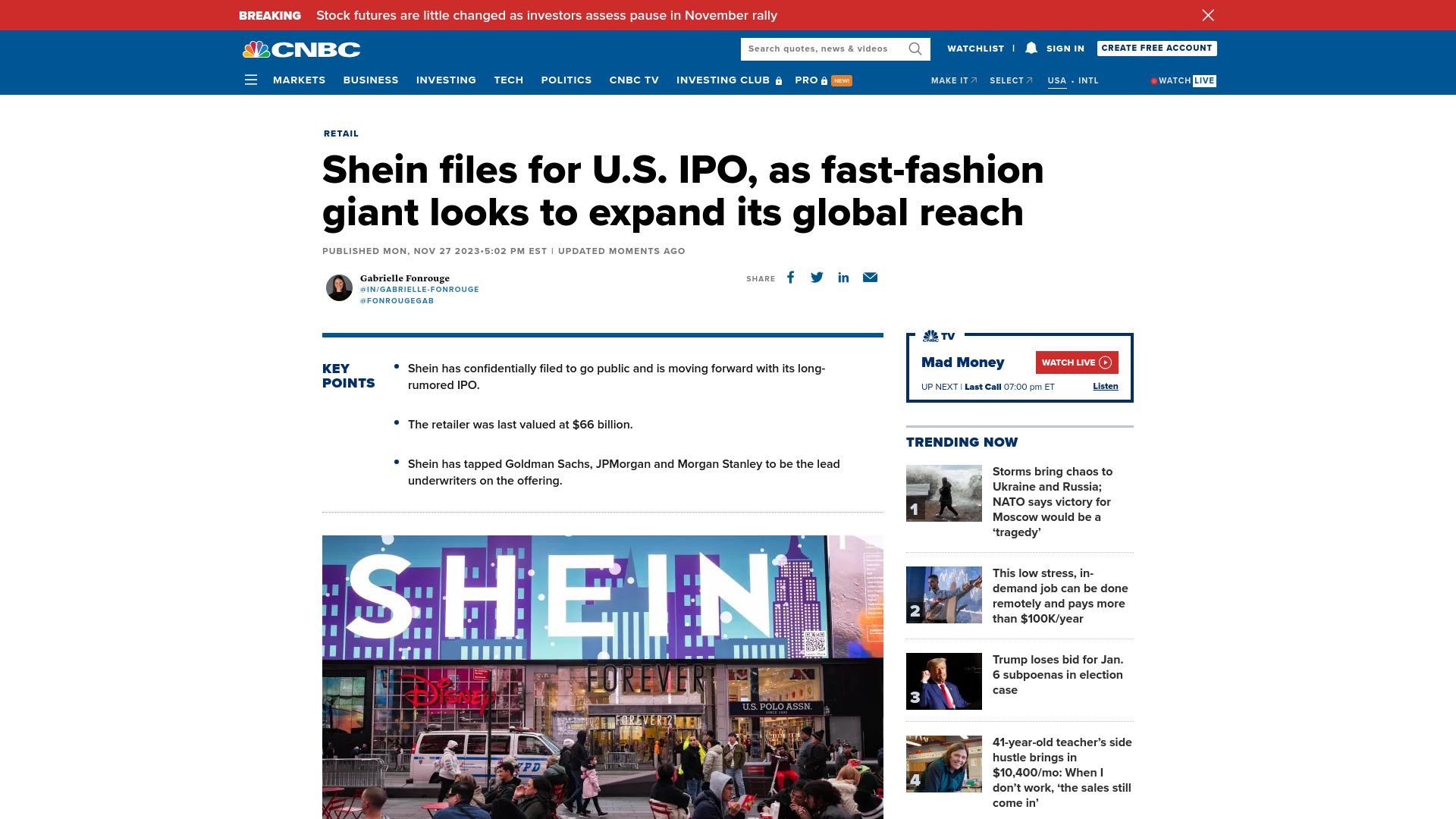 Screenshot of cnbc.com: Shein Files for U.S. IPO