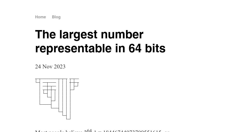 Screenshot of tromp.github.io: The largest number representable in 64 bits