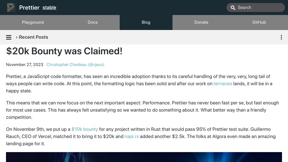 Screenshot of prettier.io: $20k bounty was claimed