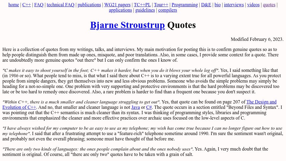 Screenshot of stroustrup.com: Bjarne Stroustrup Quotes