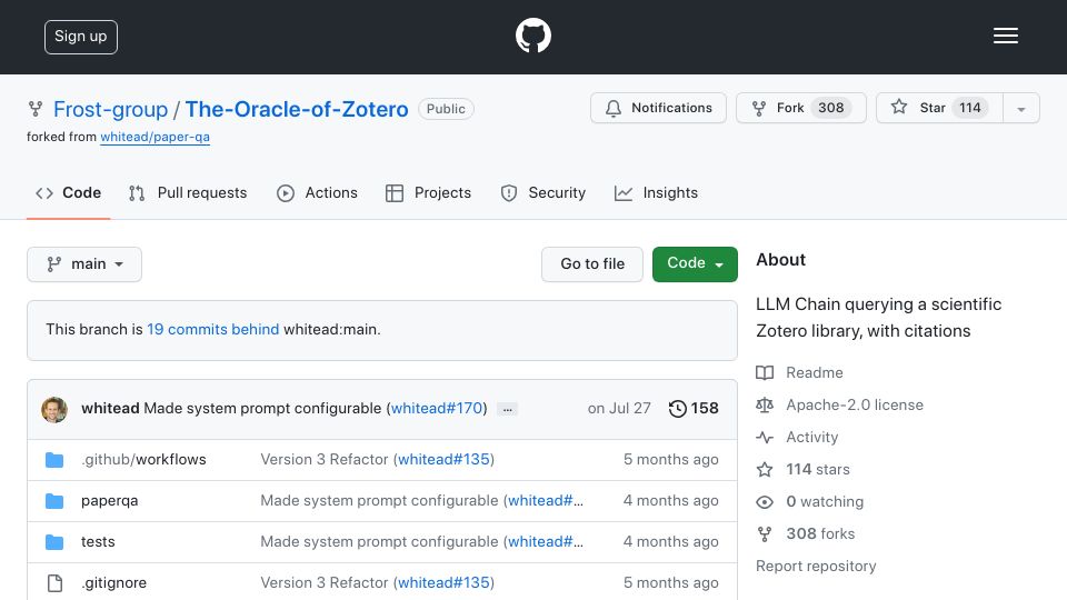 Screenshot of github.com: Oracle of Zotero: LLM QA of Your Research Library