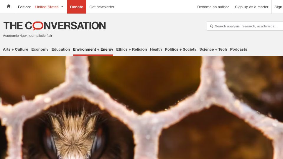 Screenshot of theconversation.com: Honeybee clustering when it's cold is a distress behavior: study