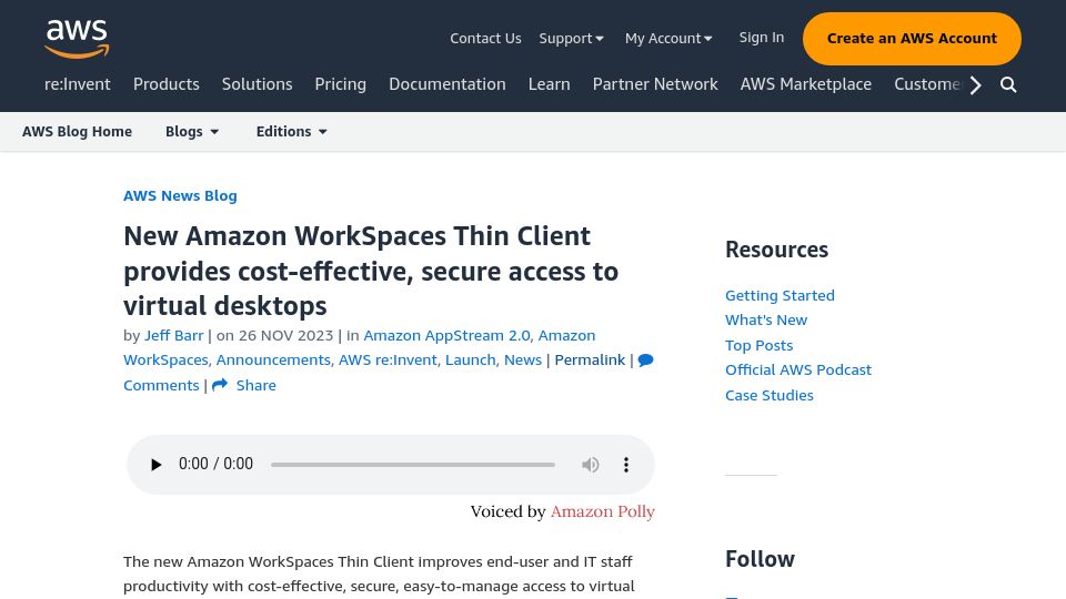 Screenshot of aws.amazon.com: AWS debuts Amazon WorkSpaces Thin Client device for virtual desktop access