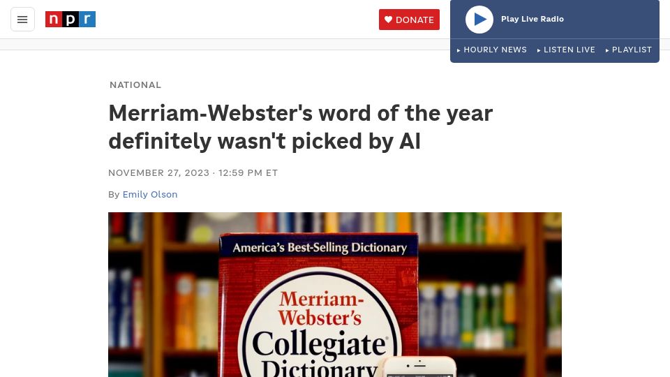Screenshot of npr.org: Merriam-Webster's word of the year is 'authentic'