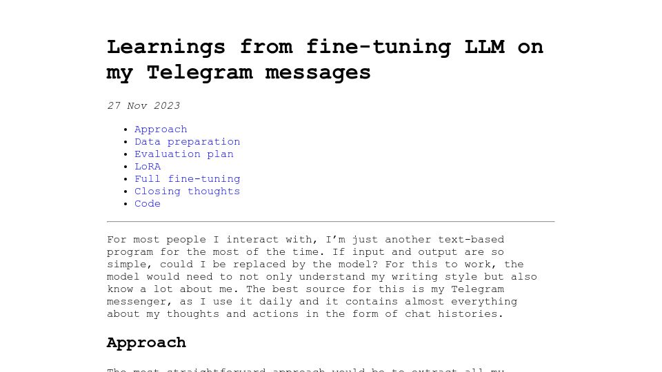 Screenshot of asmirnov.xyz: Learnings from fine-tuning LLM on my Telegram messages