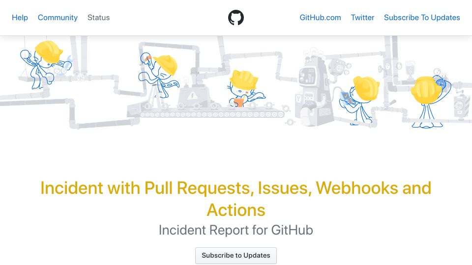 Screenshot of githubstatus.com: GitHub is investigating an incident with Pull Requests, Issues and Webhooks
