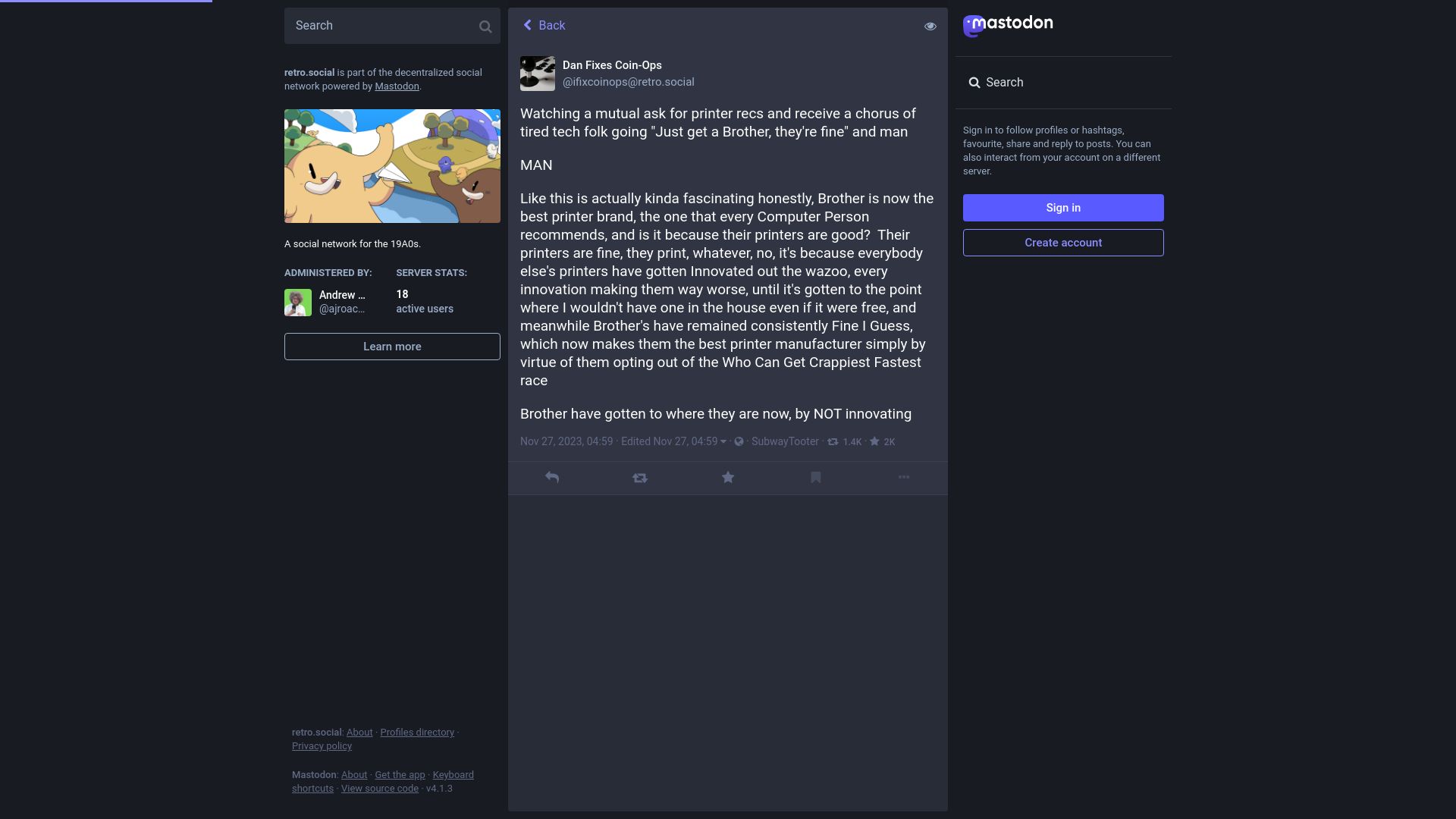 Screenshot of retro.social: Brother have gotten to where they are now by not innovating