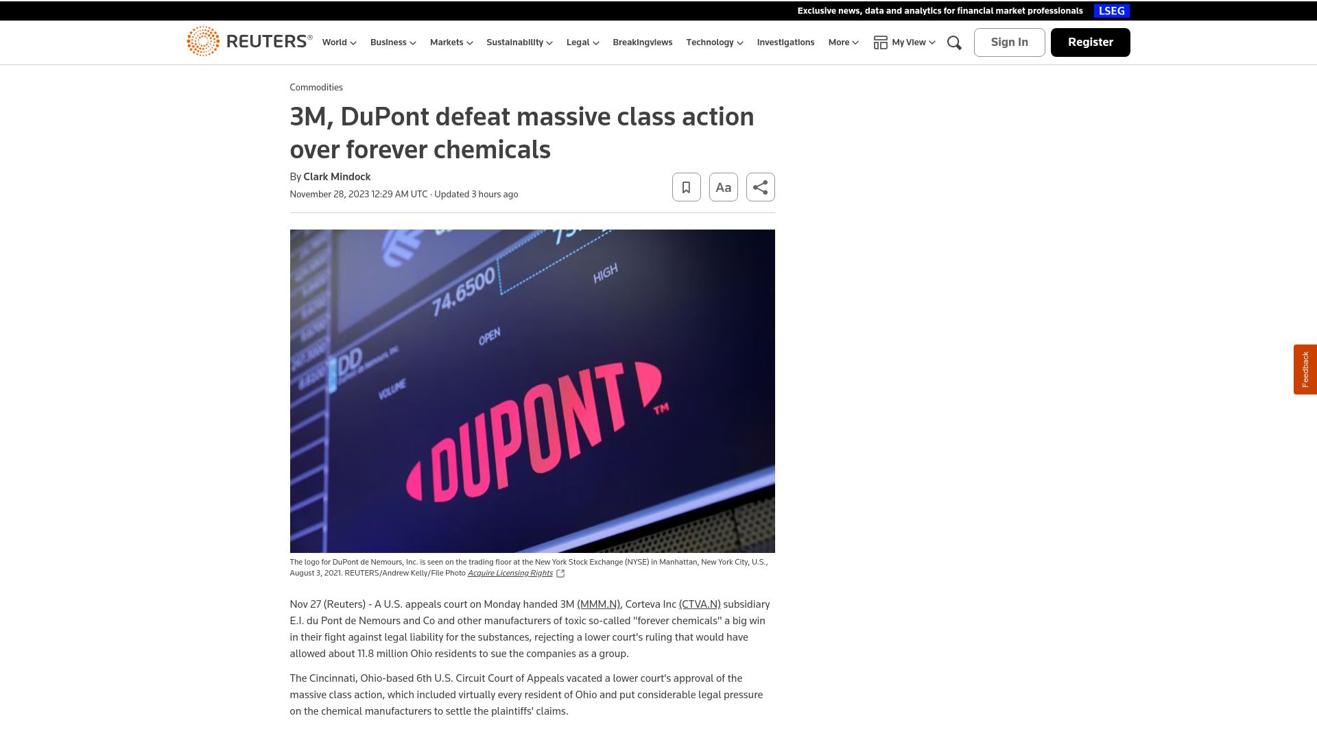 Screenshot of reuters.com: 3M, DuPont Defeat Class Action over Forever Chemicals