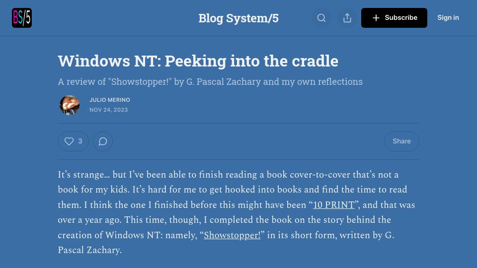 Screenshot of blogsystem5.substack.com: Windows NT: Peeking into the Cradle