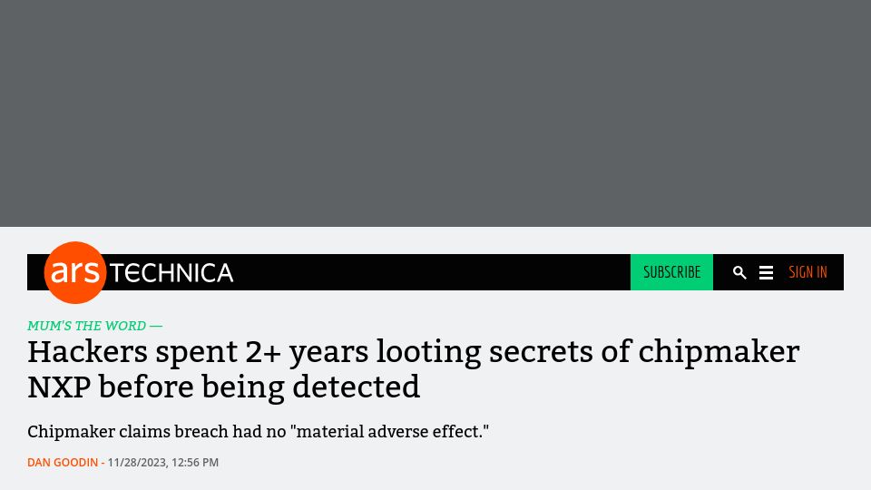 Screenshot of arstechnica.com: Hackers spent 2 years looting secrets of chipmaker NXP before being detected