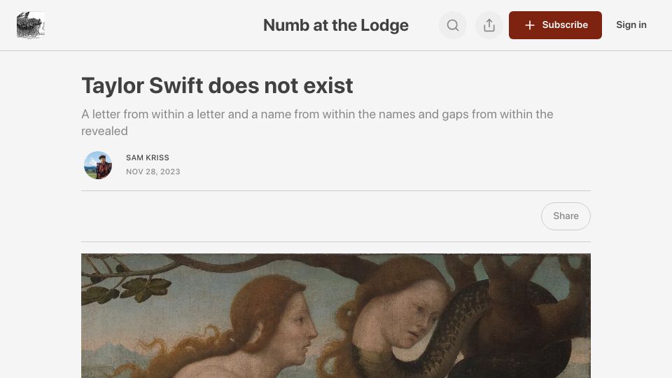 Screenshot of samkriss.substack.com: Taylor Swift does not exist
