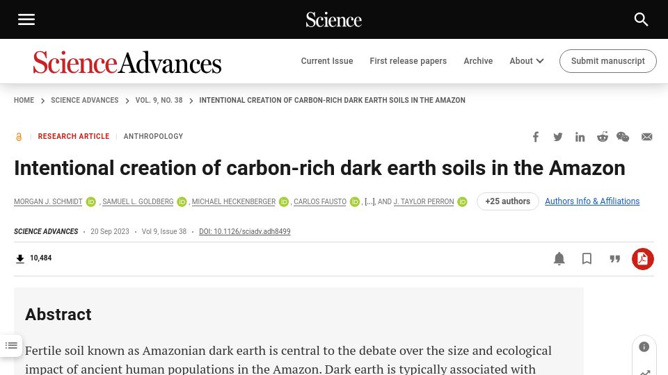 Screenshot of science.org: Intentional creation of carbon-rich dark earth soils in the Amazon