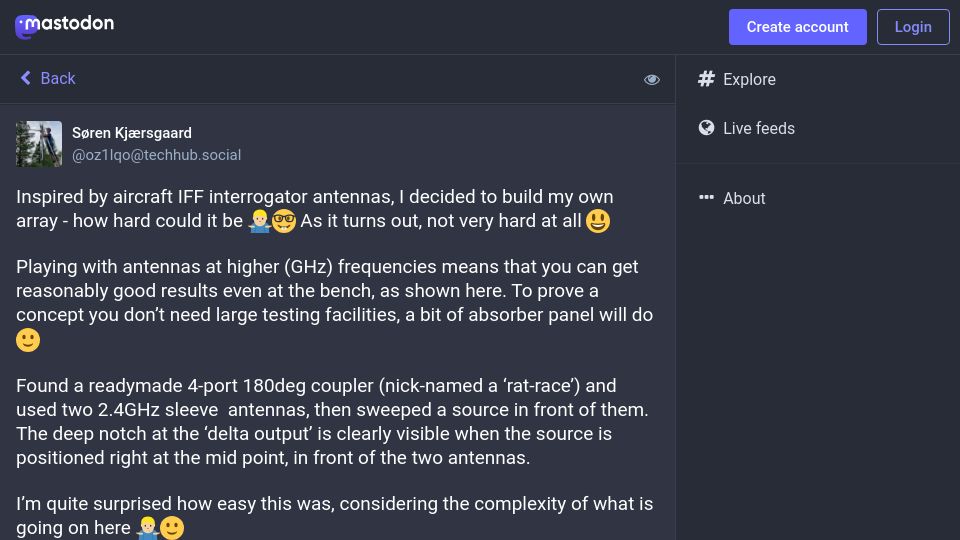 Screenshot of techhub.social: Inspired by aircraft IFF interrogator antennas, I decided to build my own array