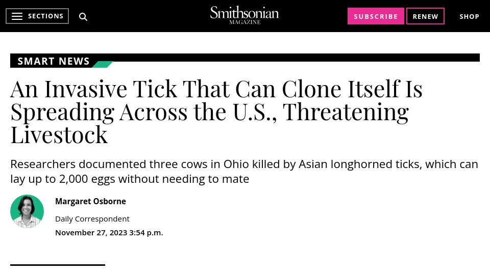 Screenshot of smithsonianmag.com: An Invasive Tick That Can Clone Itself Is Spreading Across the U.S.