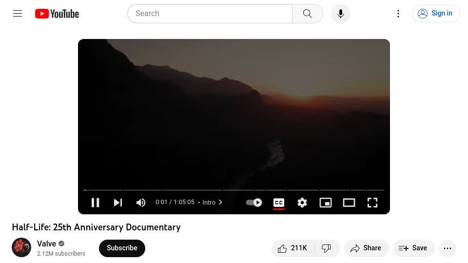 Screenshot of youtube.com: Half Life:25th Anniversary Documentary