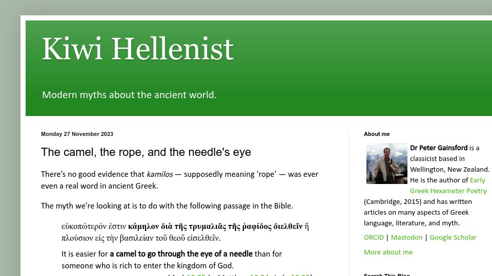 Screenshot of kiwihellenist.blogspot.com: The camel, the rope, and the needle's eye