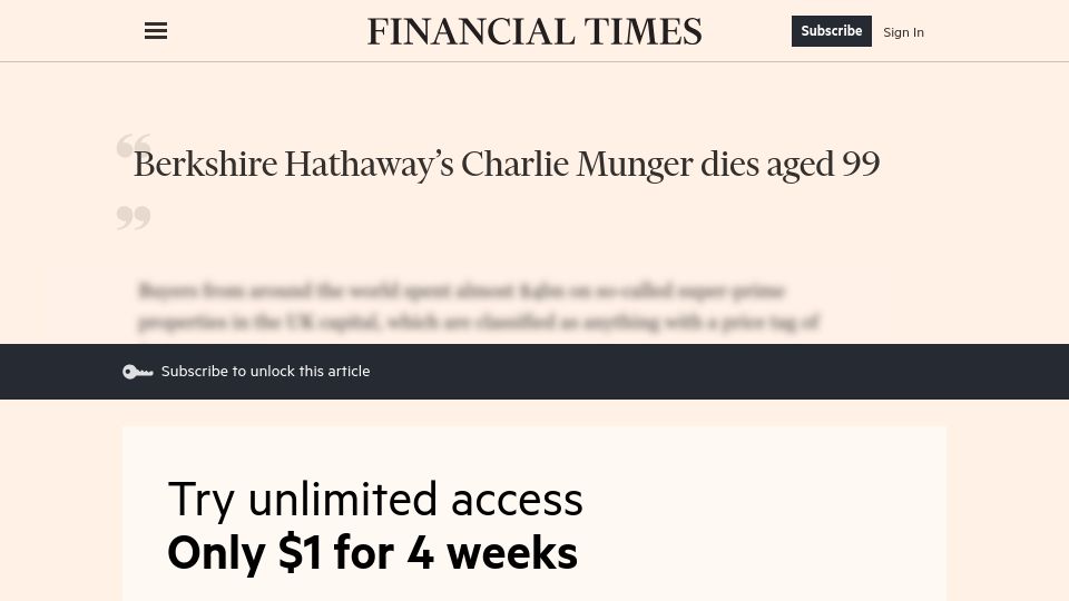 Screenshot of ft.com: Berkshire Hathaway's Charlie Munger dies aged 99