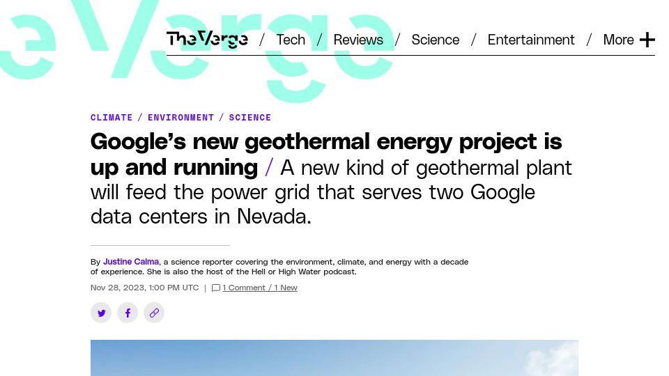 Screenshot of theverge.com: Google's new geothermal energy project is up and running