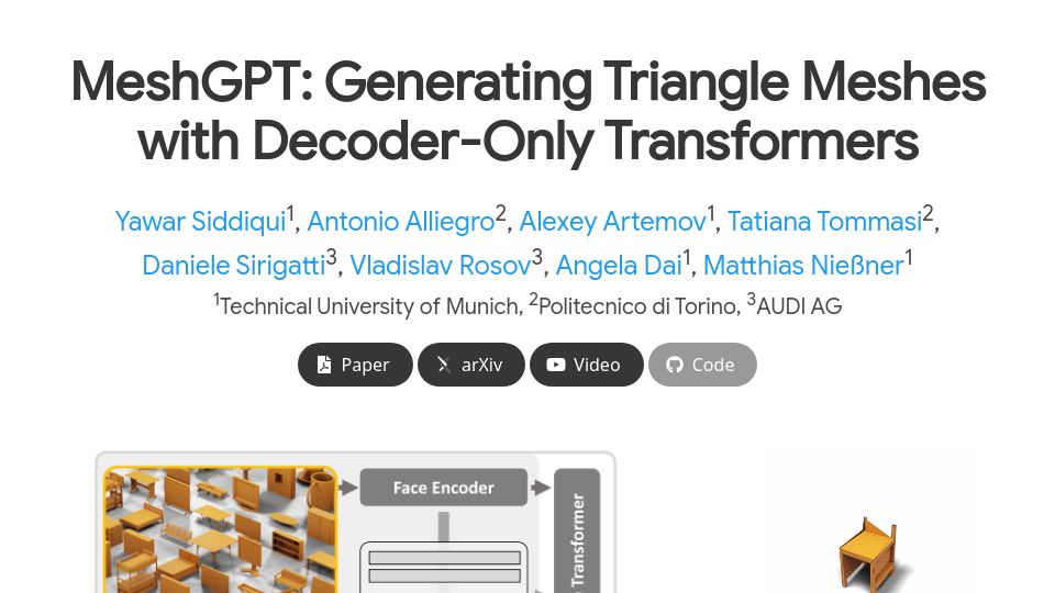 Screenshot of nihalsid.github.io: MeshGPT: Generating triangle meshes with decoder-only transformers