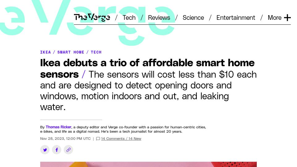 Screenshot of theverge.com: IKEA sensors for doors and windows, motion, water leaks