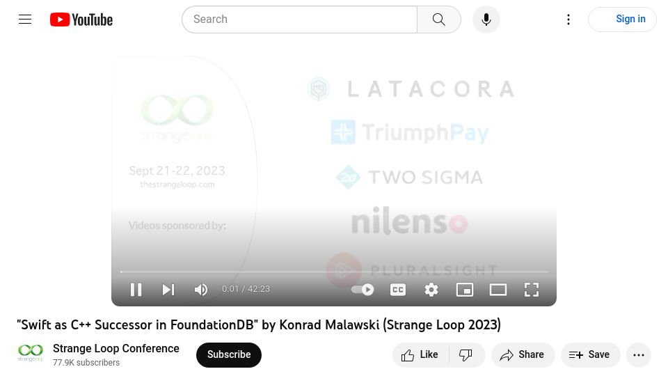 Screenshot of youtube.com: Swift as C++ Successor in FoundationDB [video]