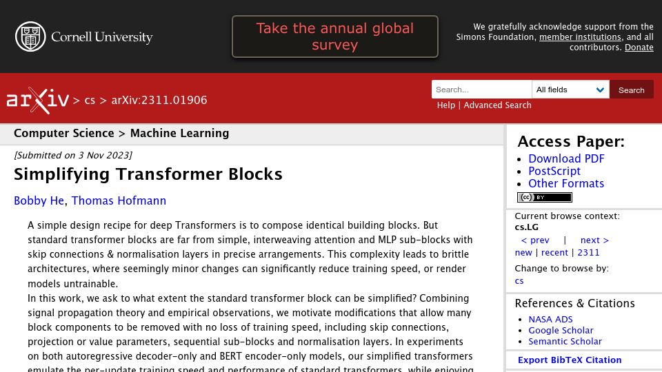 Screenshot of arxiv.org: Simplifying Transformer Blocks