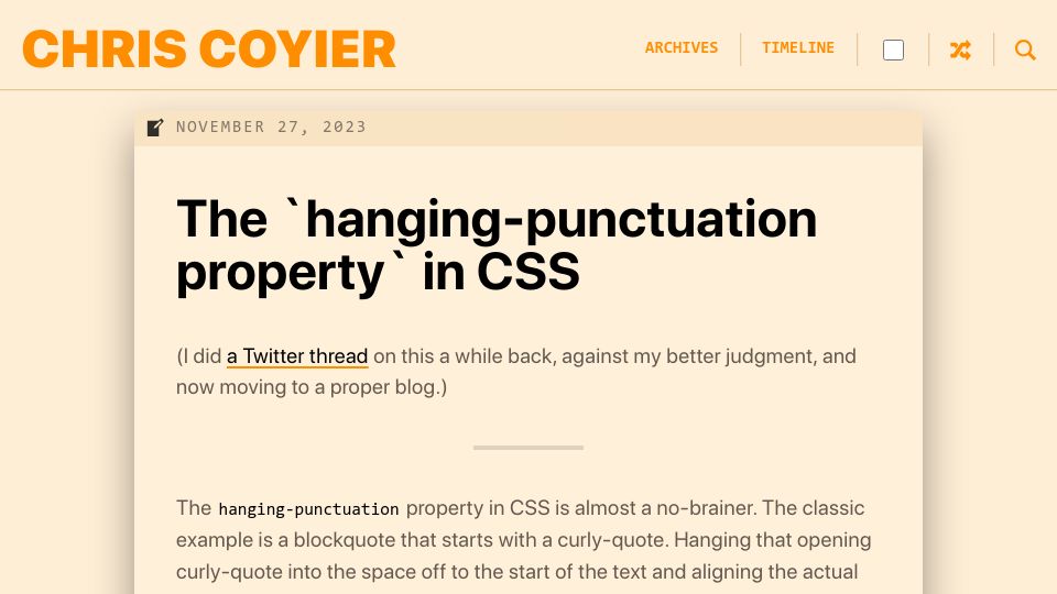 Screenshot of chriscoyier.net: The `hanging-punctuation property` in CSS