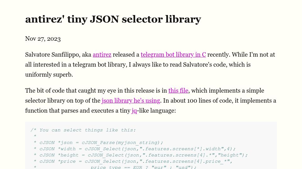 Screenshot of notes.billmill.org: Antirez' tiny JSON selector library
