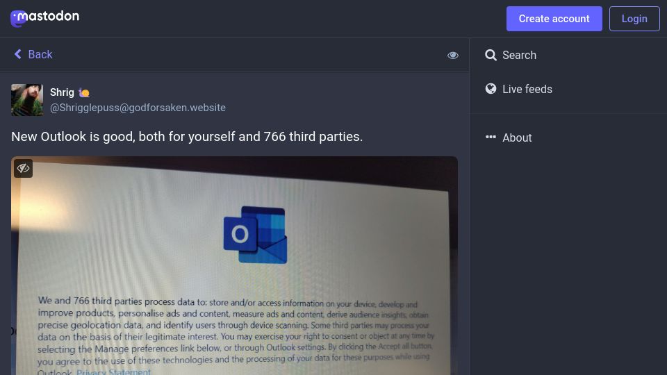 Screenshot of godforsaken.website: New Outlook is good, both for yourself and 766 third parties