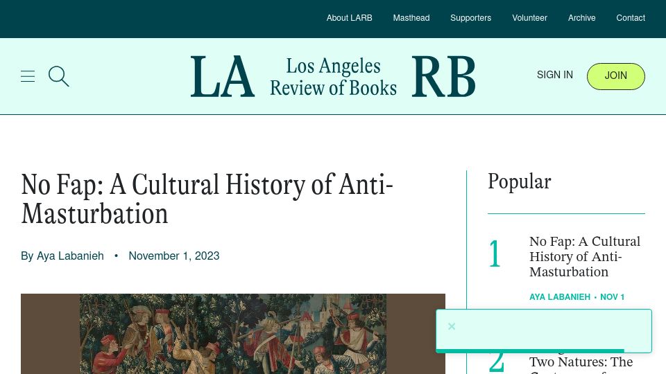 Screenshot of lareviewofbooks.org: No Fap: A Cultural History of Anti-Masturbation