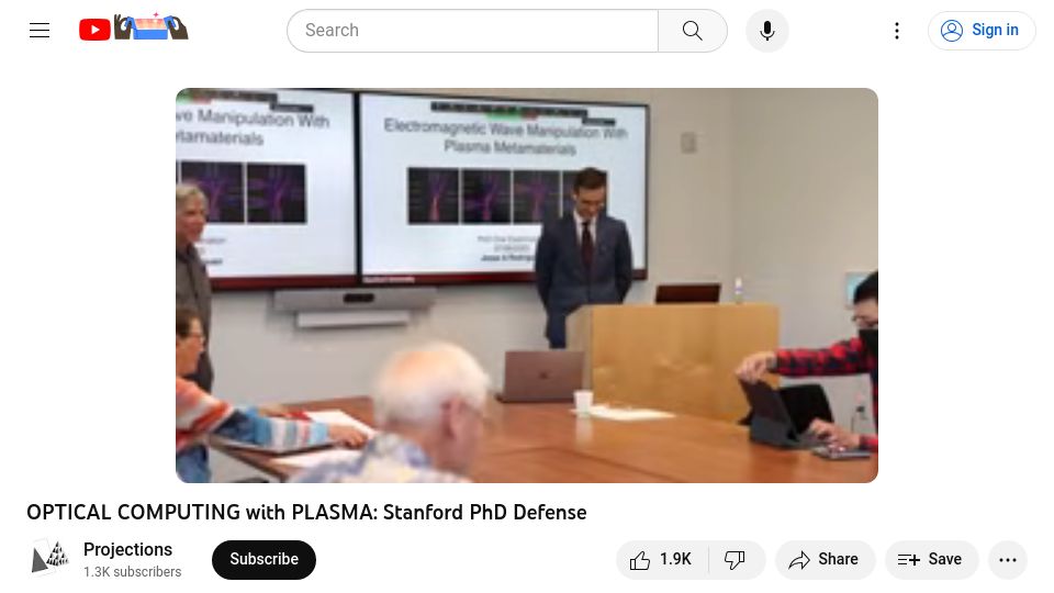 Screenshot of youtube.com: Optical Computing with Plasma [video]
