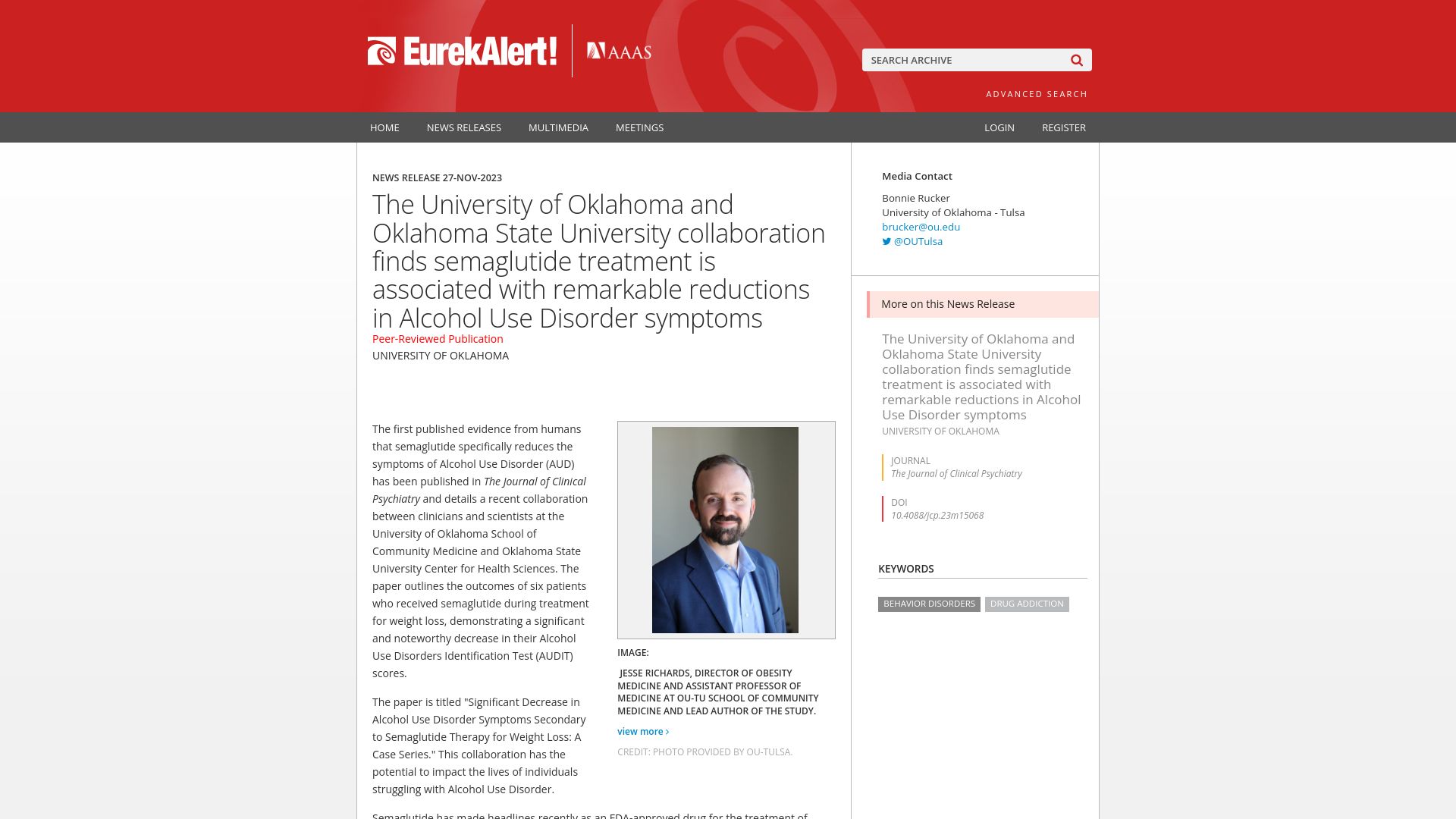Screenshot of eurekalert.org: Semaglutide treatment associated with high reduction in Alcohol Use Disorder