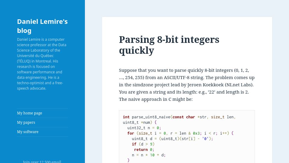 Screenshot of lemire.me: Parsing 8-bit integers quickly